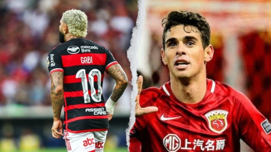 Gabigol vestindo a camisa 10 do Flamengo e Oscar pelo Shangai Port