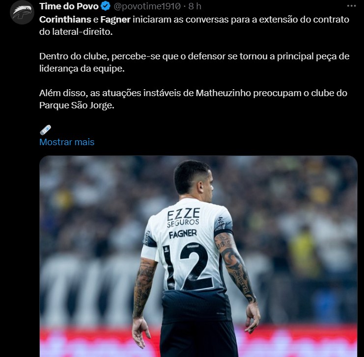 Fagner e Corinthians negociam uma possível renovação de contrato