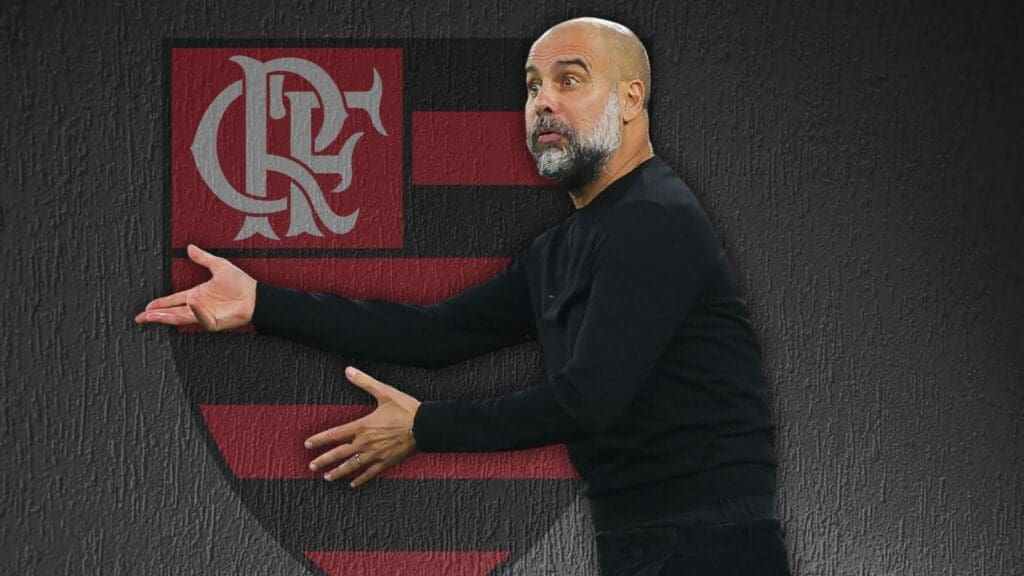 Pep Guardiola, técnico do Manchester City e logo do Flamengo