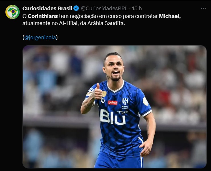 Post do X comentando sobre as negociações do Michael com o Corinthians