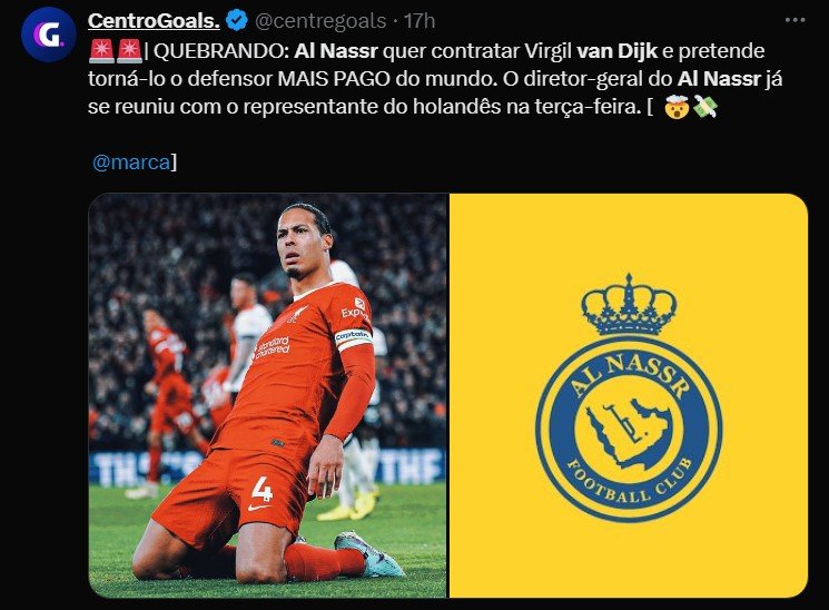 Van Dijk interessa ao futebol árabe e pode jogar com Cristiano Ronaldo no Al Nassr