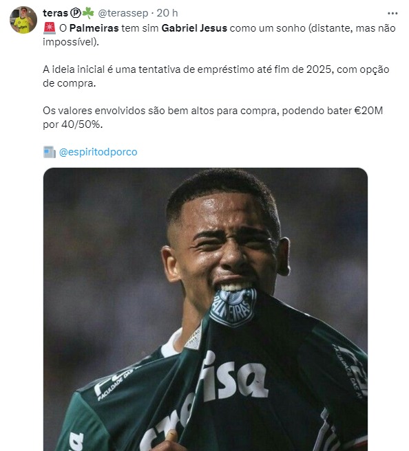 Palmeiras sonha com a volta de Gabriel Jesus