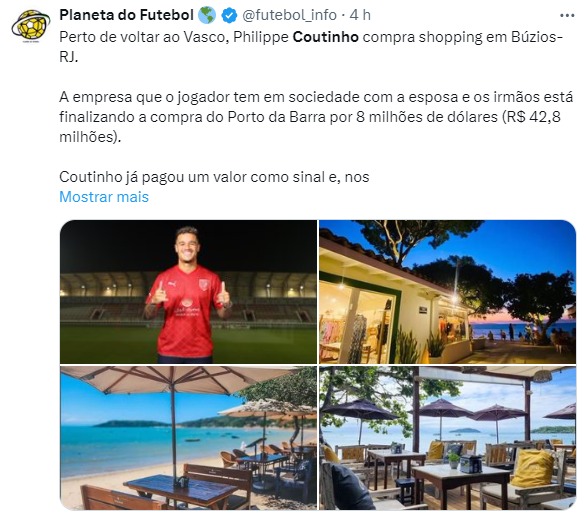 Philippe coutinho compra Shopping em Búzios antes de acertar com o Vasco