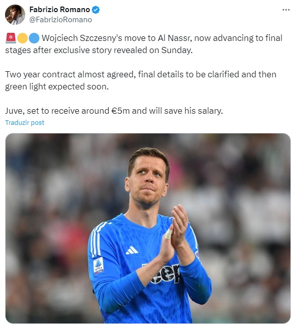 Al Nassr quer o goleiro Szczesny que pertence à Juventus e jogou com Cristiano Ronaldo