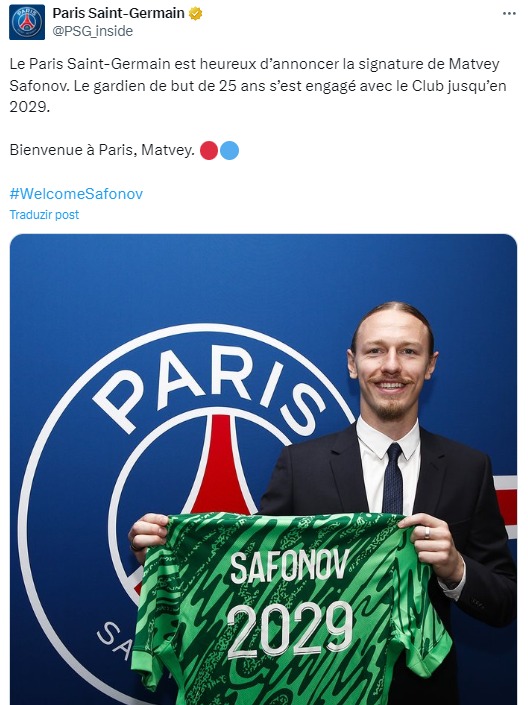 PSG anuncia contratação do goleiro Matvey Safonov