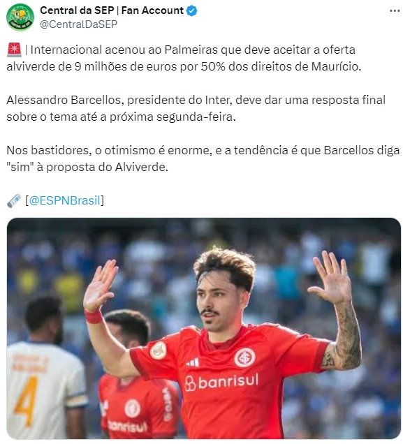 Palmeiras aumenta oferta por Maurício
