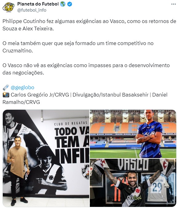 Vasco está otimista em relação à volta de Philippe Coutinho