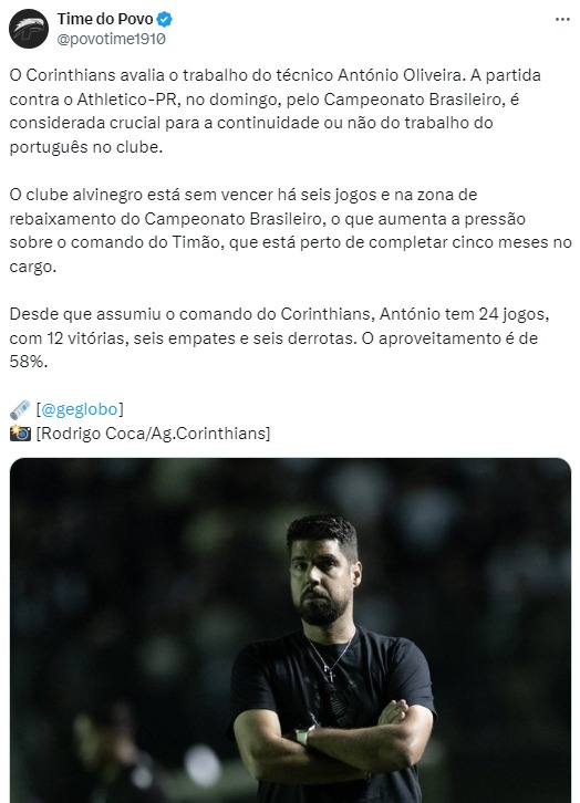 António Oliveira só está no Corinthians por falta de opção do clube