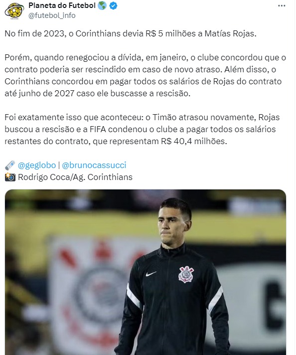 Matías Rojas deverá receber quantia miolionária do Corinthians