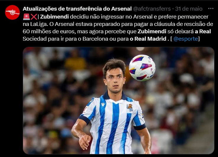 Notícia do Twitter de que Zubimendi pretende jogar no Real Madrid