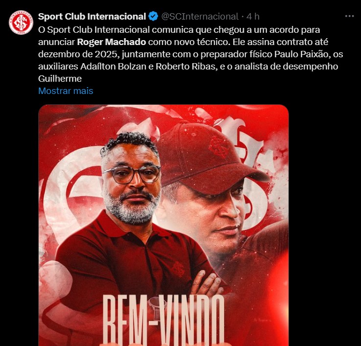 Roger Machado é o novo técnico do Internacional 