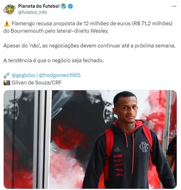 Flamengo recusa proposta do Bournemouth por Wesley mas mantem negociações