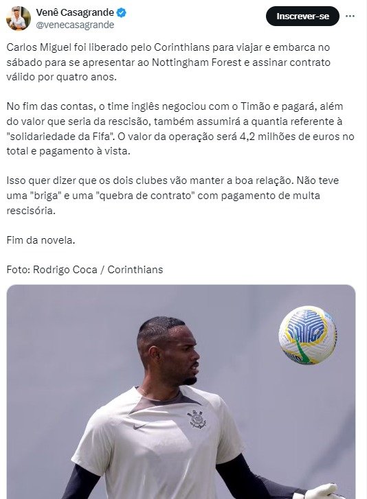 Transferência de Carlos Miguel rende bolada ao Corinthians