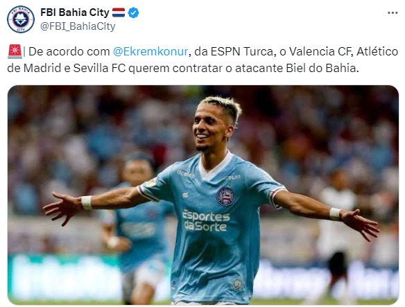 Biel, jogador do Bahia,  é alvo de interesse do Atletico de MAdrid e outros clubes espanhois