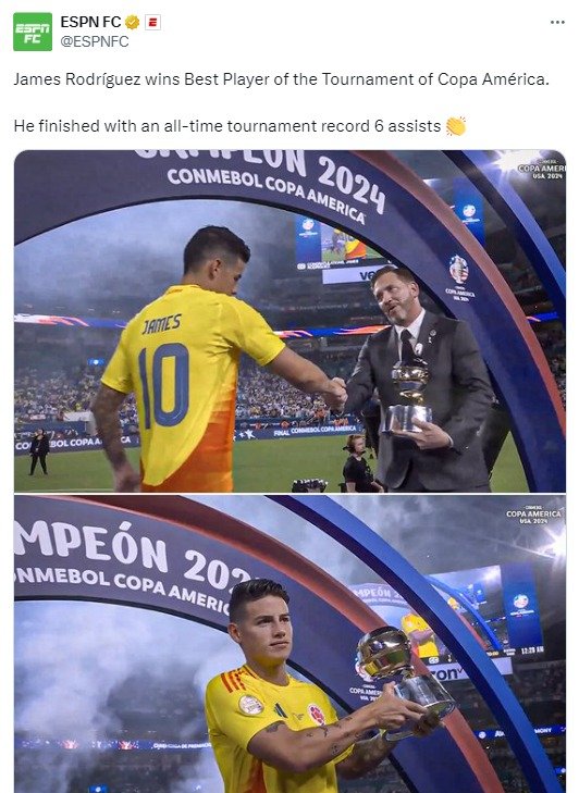 James Rodríguez foi o melhor jogador da Copa América 2024