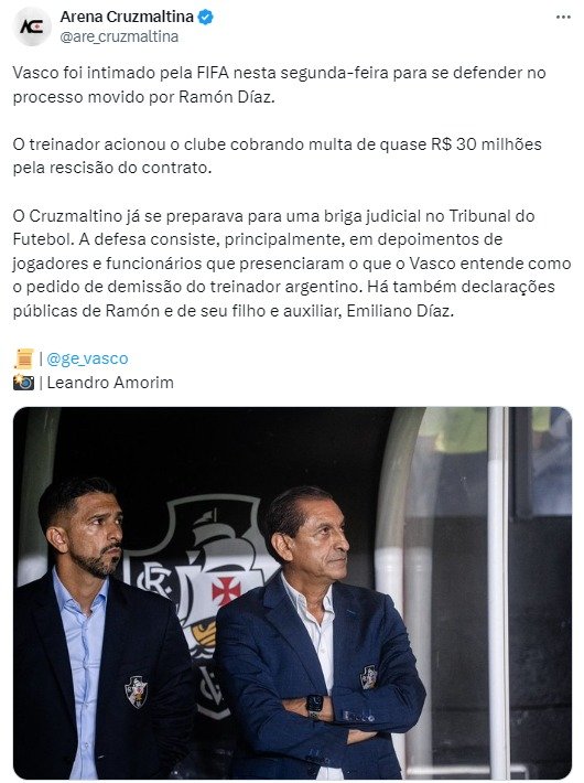 Vasco é intimado para se defender em processo movido por Ramón Díaz