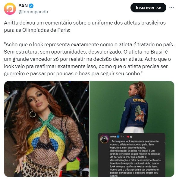 Anitta critica uniforme do Brasil nas Olimpíadas