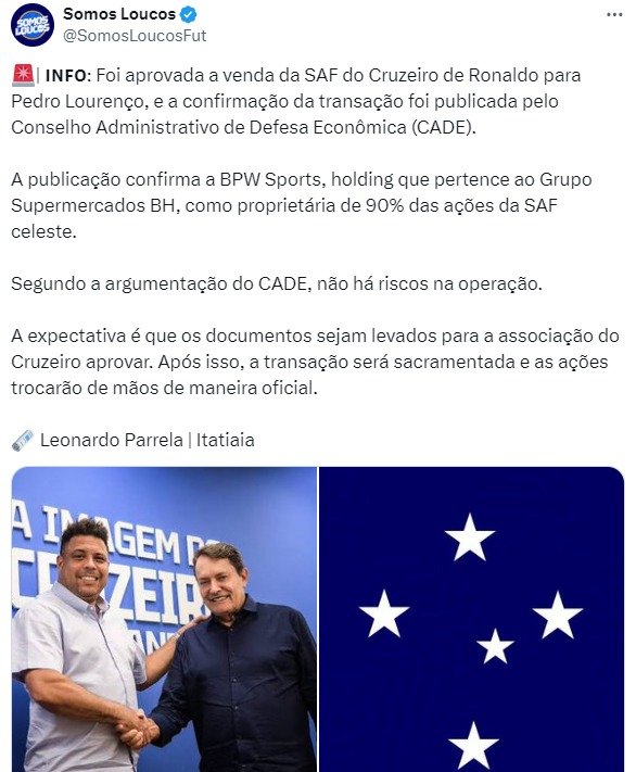 Venda da SAF do Cruzeiro por Ronaldo