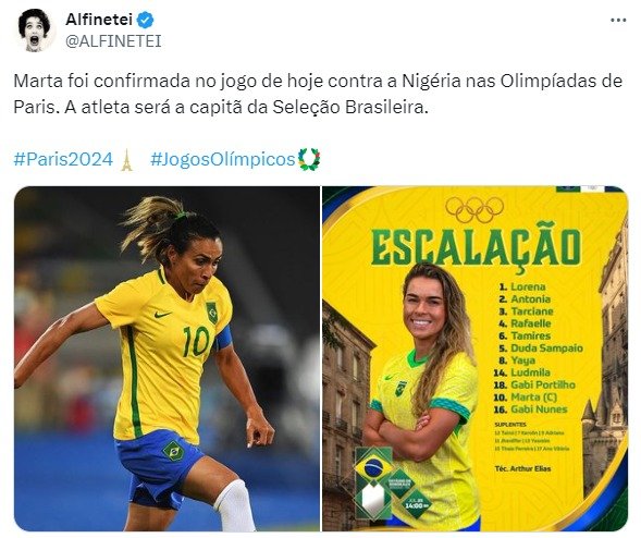 Marta é convocada para as olimpíadas de Paris